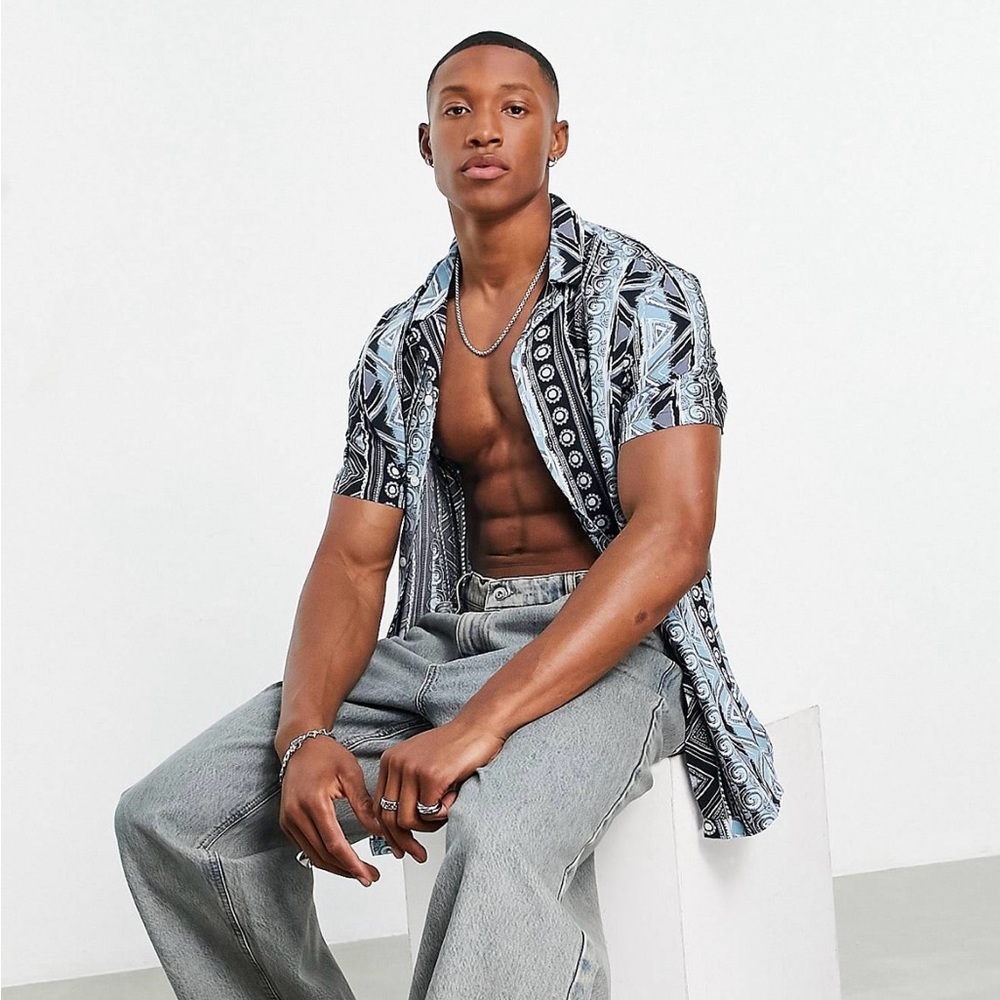 *NEW* ASOS DESIGN | Revere Aztec Blue Stripe Shirt